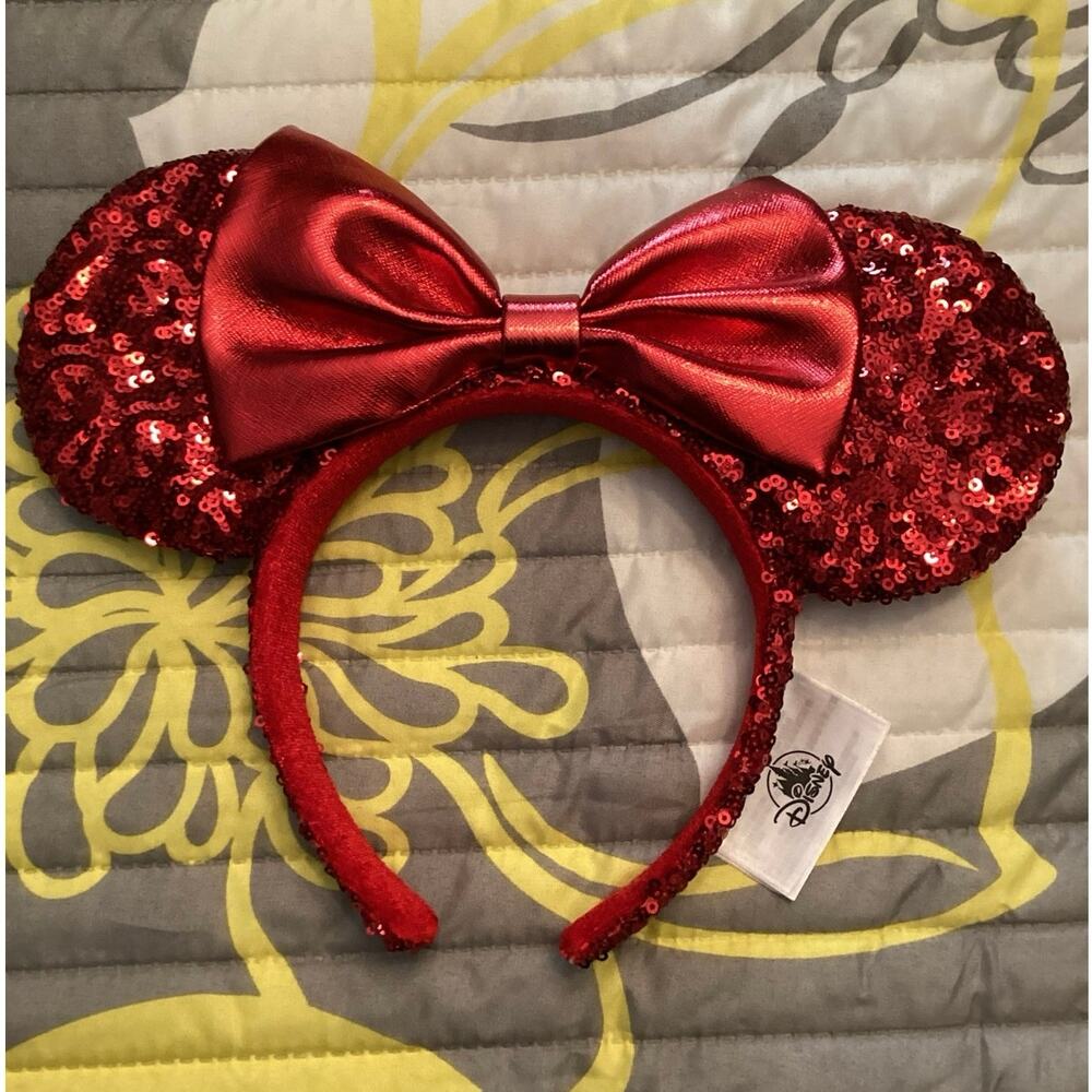 NWOT Disney Parks Red Sequined Ear with Shimmering Metallic Red Bow Headband